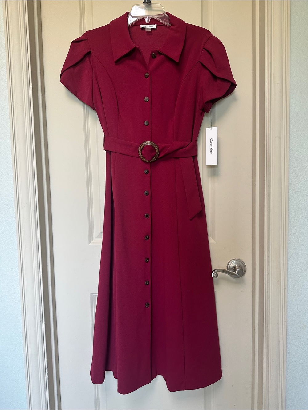 Calvin Klein Deep Red Wine Button-Front Midi Dress with Belt - Women's 8